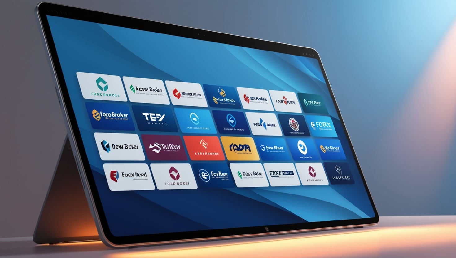 An image showing a modern, sleek computer screen displaying a grid of logos representing various forex brokers. The layout highlights a selection of the best forex brokers, making it suitable for illustrating a guide or list for beginner traders.