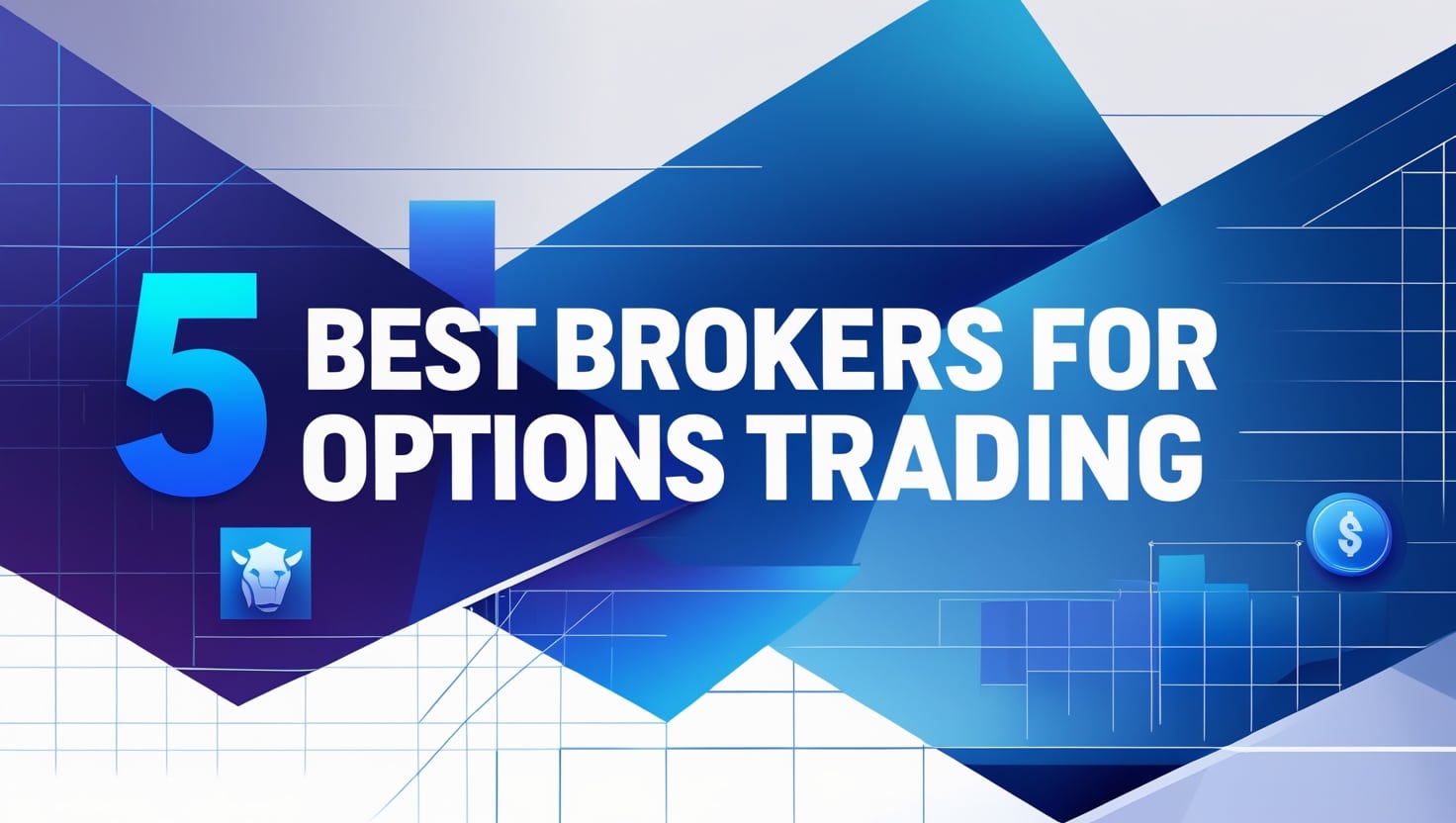 Educational graphic titled 'The 5 Best Options Trading Brokers for Beginners' featuring a wooden desk with a laptop displaying stock market trends on the screen, surrounded by notebooks, pens, and folders. The background shows a cityscape silhouette with trading chart overlays, emphasizing the theme of trading and investing.
