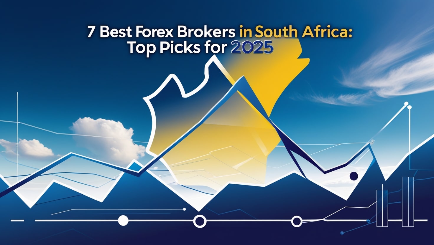 A clean, professional digital graphic displaying a map of South Africa highlighted in blue with several nodes representing major cities. Overlaying the map are icons and logos of top forex brokers, each accompanied by short, clear ratings out of five stars. The top of the image features bold text titled 'Best Forex Brokers in South Africa' with a modern font. The overall color scheme is a mix of blue, white, and green, symbolizing professionalism and trust.